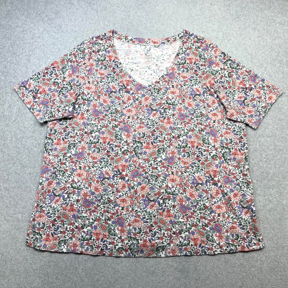 J Jill Pima Slub Elbow Sleeve Tee Shirt Womens 2X Plus Orange Green Floral Top